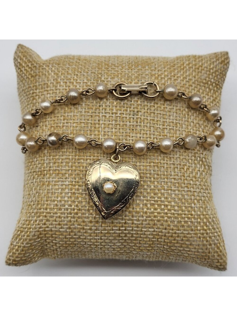 Vintage Heart Locket Faux pearl Bracelet Blemished pearls